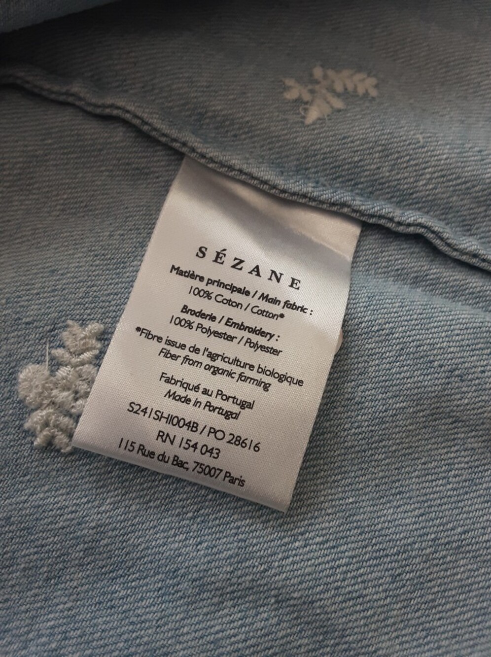 SEZANE Tomboy 100% Cotton Floral Embroidered Denim Button-Front Shirt Sz 0 NWT - Picture 6 of 7